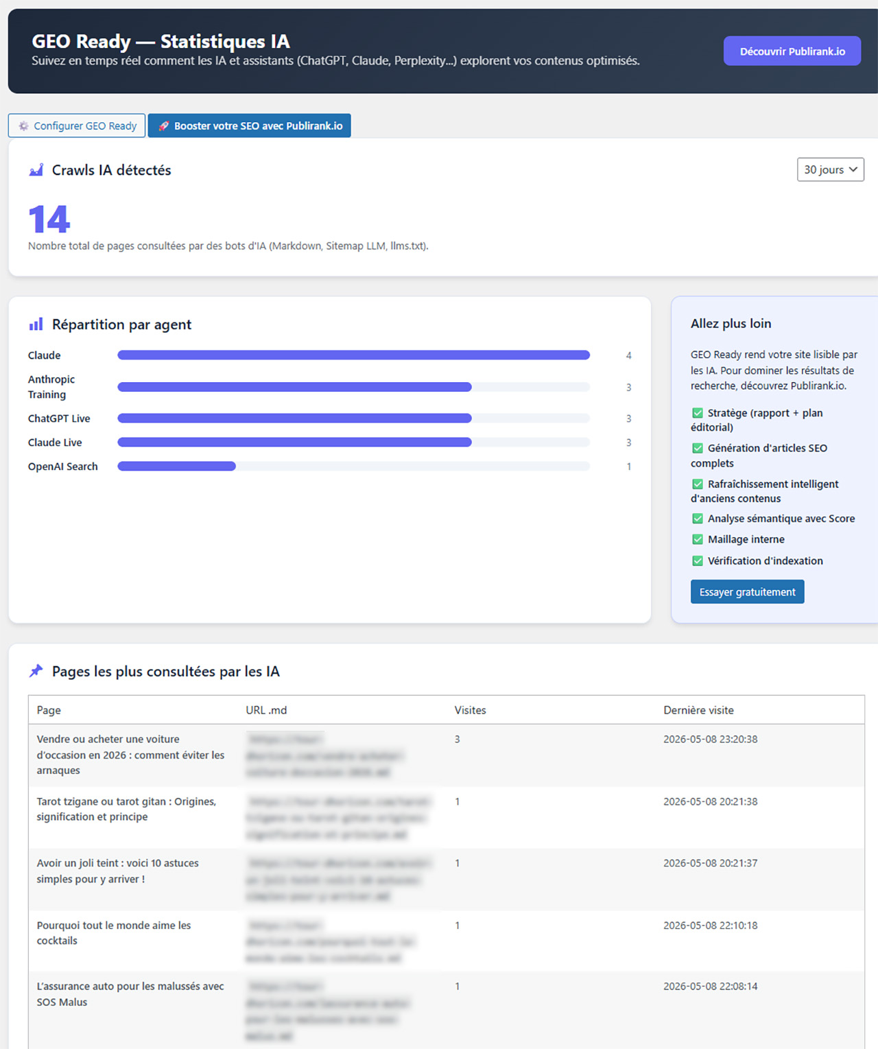 Module GEO Ready : Markdown, statistiques de crawl et blocage des scrapers d'entraînement