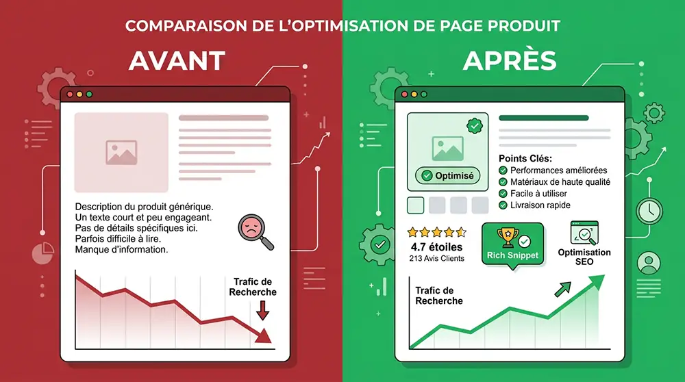 Tableau comparatif avant et après optimisation SEO de fiches produits e-commerce avec résultats de trafic et conversion