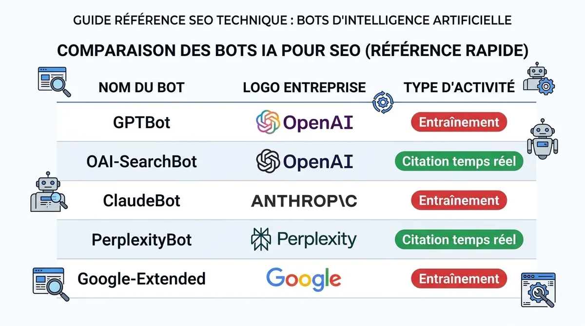 Tableau visuel des principaux bots IA crawlers en 2026 GPTBot ClaudeBot PerplexityBot OAI-SearchBot avec leur rôle