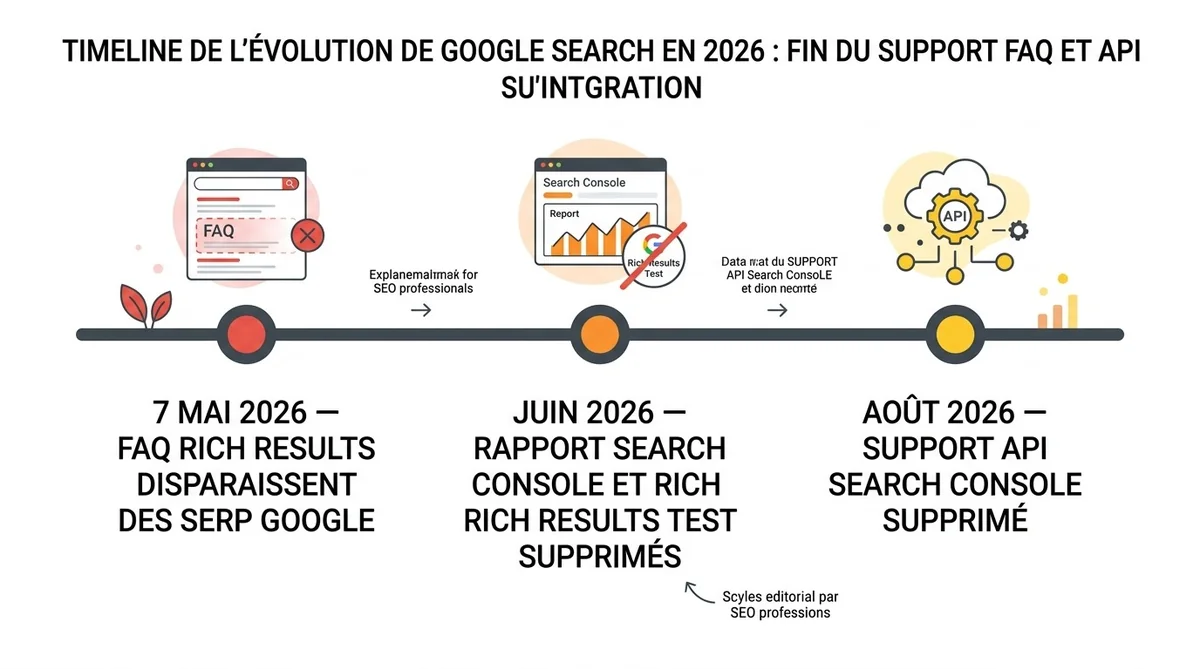 Calendrier de suppression FAQ Search Console et API 2026 Frise chronologique de la suppression des FAQ rich results Google : mai, juin et août 2026