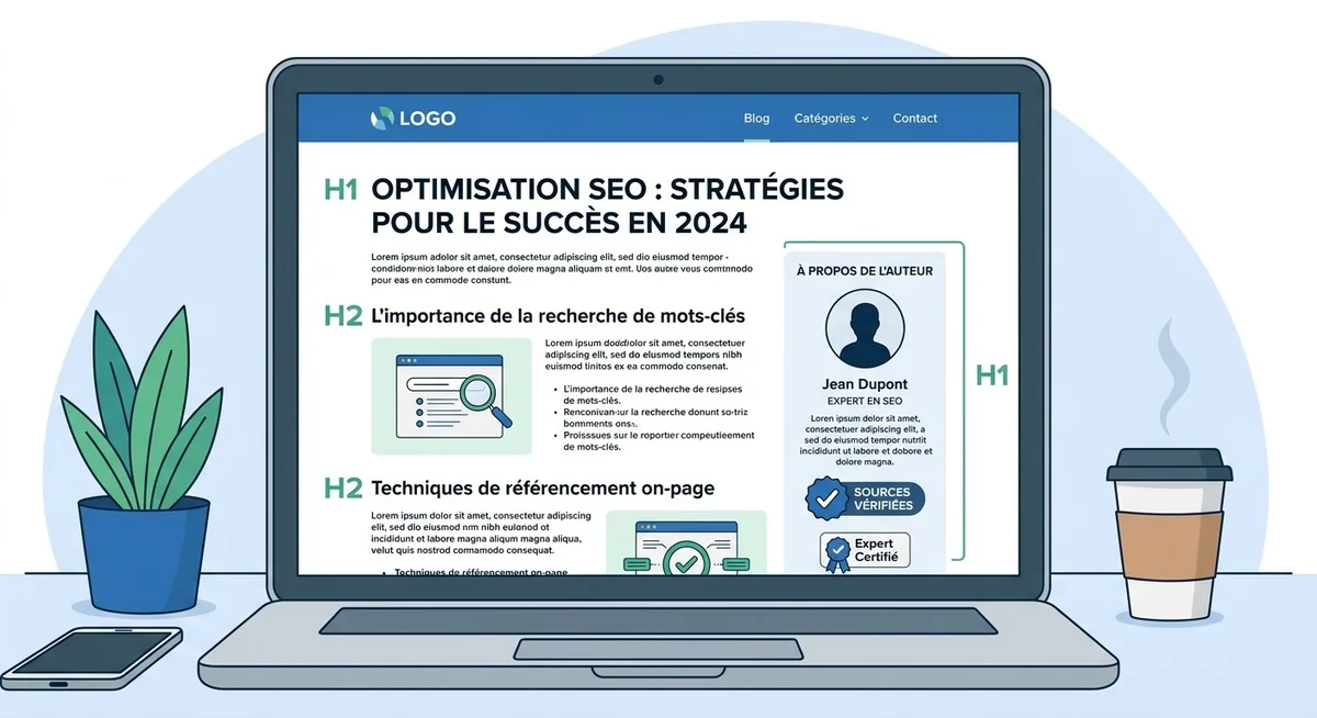 Écran d'ordinateur affichant une page de blog avec bio auteur visible et signaux E-E-A-T après Core Update 2026