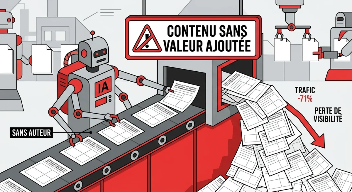 Robot IA produisant du contenu en masse sans supervision humaine, illustrant les sites pénalisés par le Core Update 2026