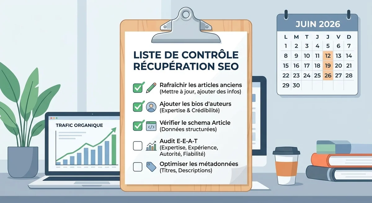 Checklist de récupération SEO après Core Update 2026 : refresh articles, bios auteurs, schema markup