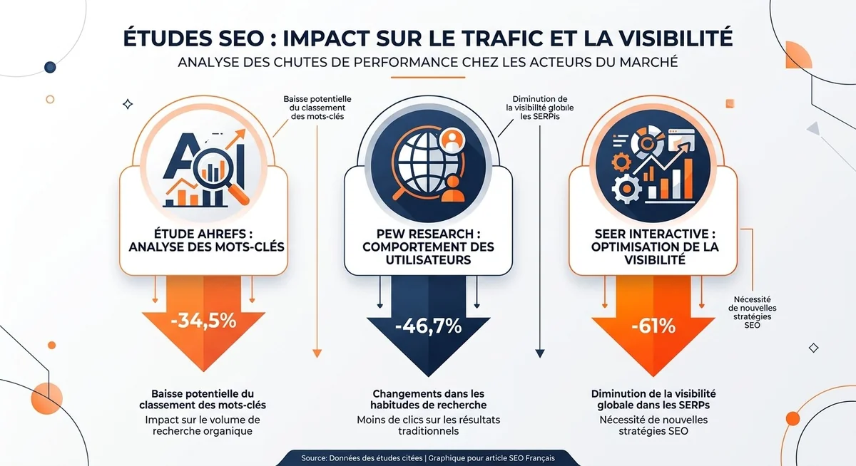 Chute du CTR organique avec les AI Overviews — comparaison des études 2025-2026 Tableau comparatif des études sur la baisse du taux de clic organique causée par les Google AI Overviews