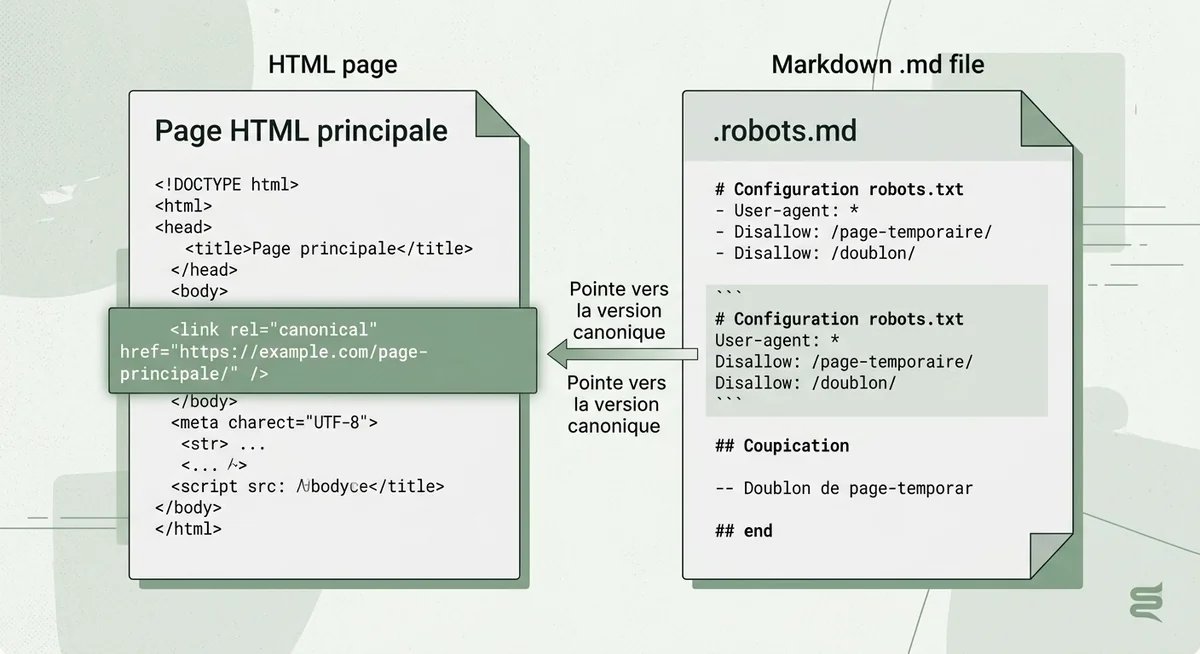 Gestion duplicate content balise canonique et robots.txt pour fichiers markdown Illustration de la gestion du duplicate content entre page HTML et version markdown avec balise canonique
