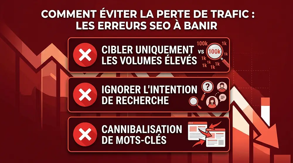 Illustration des trois erreurs les plus courantes en recherche de mots‑clés SEO : cibler des requêtes trop compétitives, ignorer l'intention, négliger la longue traîne