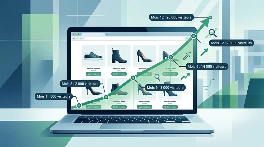 Graphique montrant la progression de trafic organique d'un site e-commerce grâce à un cocon sémantique