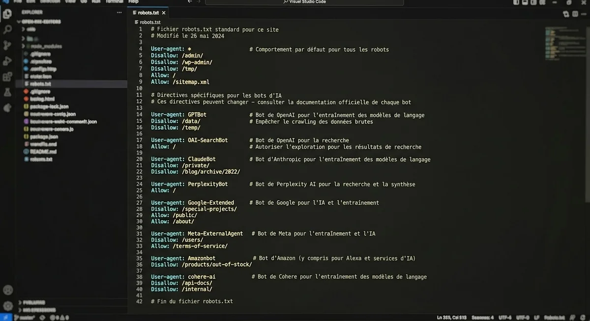Capture d'écran d'un fichier robots.txt avec directives pour bots IA 2026