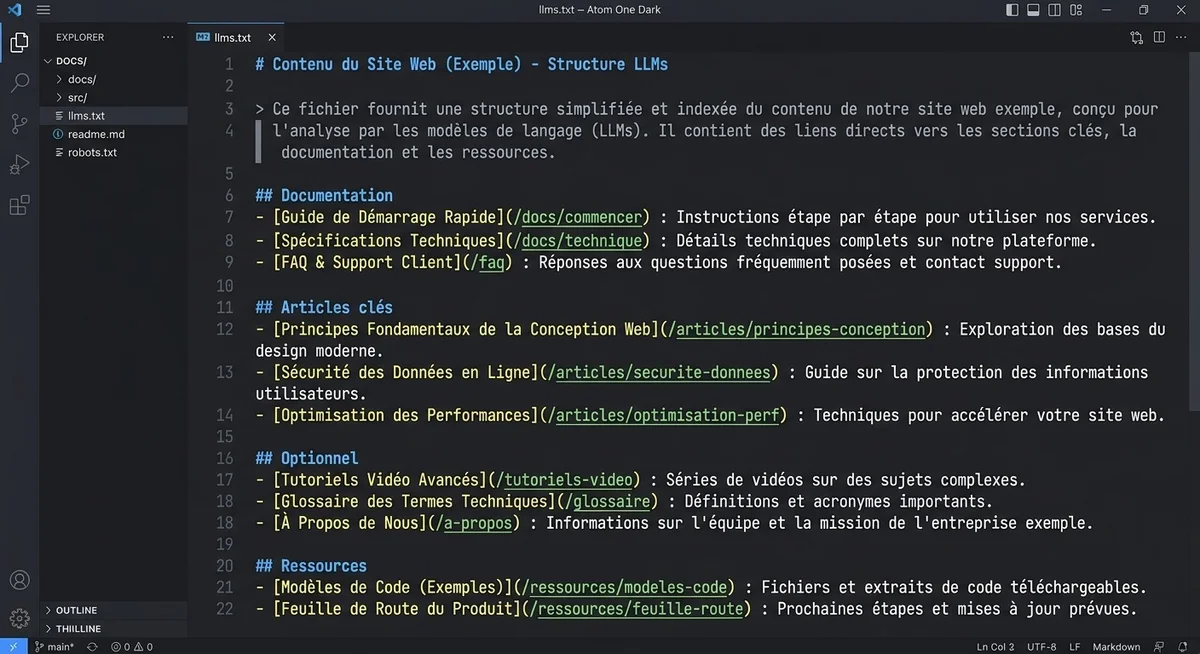 Structure et exemple d'un bon fichier llms.txt en Markdown Exemple de structure d'un fichier llms.txt bien construit avec hiérarchie Markdown et sections thématiques