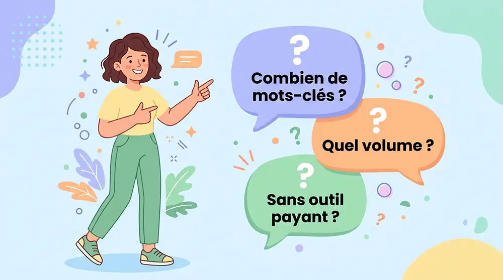 Illustration d'une section FAQ sur la recherche et le choix des mots‑clés SEO avec des bulles de questions et réponses