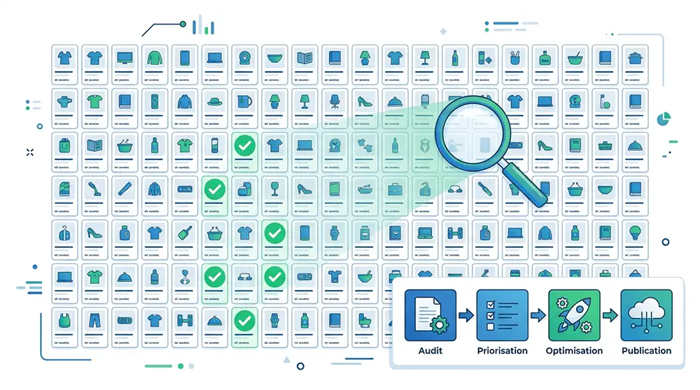 Illustration d'une stratégie d'optimisation SEO pour des milliers de fiches produits e-commerce avec priorisation et automatisation