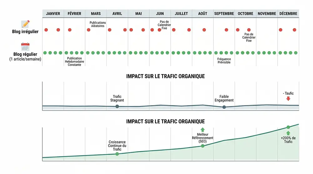 Graphique montrant l'impact de la fréquence de publication d'articles WordPress sur le trafic organique et le référencement naturel