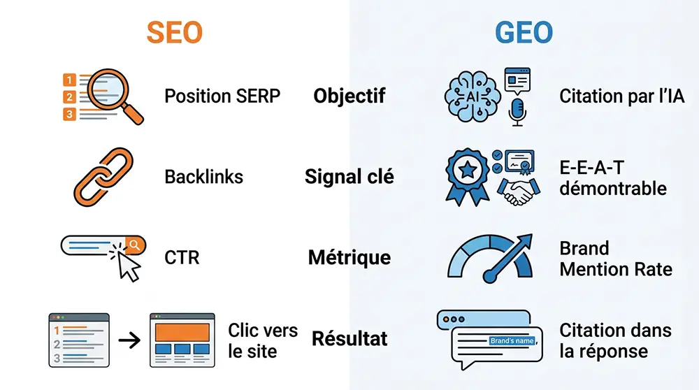 Tableau comparatif entre SEO traditionnel et GEO Generative Engine Optimization : objectifs, signaux et métriques