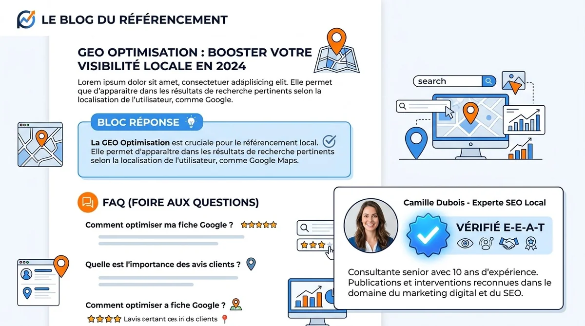 Illustration d'un article structuré pour le GEO avec blocs réponse titres FAQ et signaux E-E-A-T
