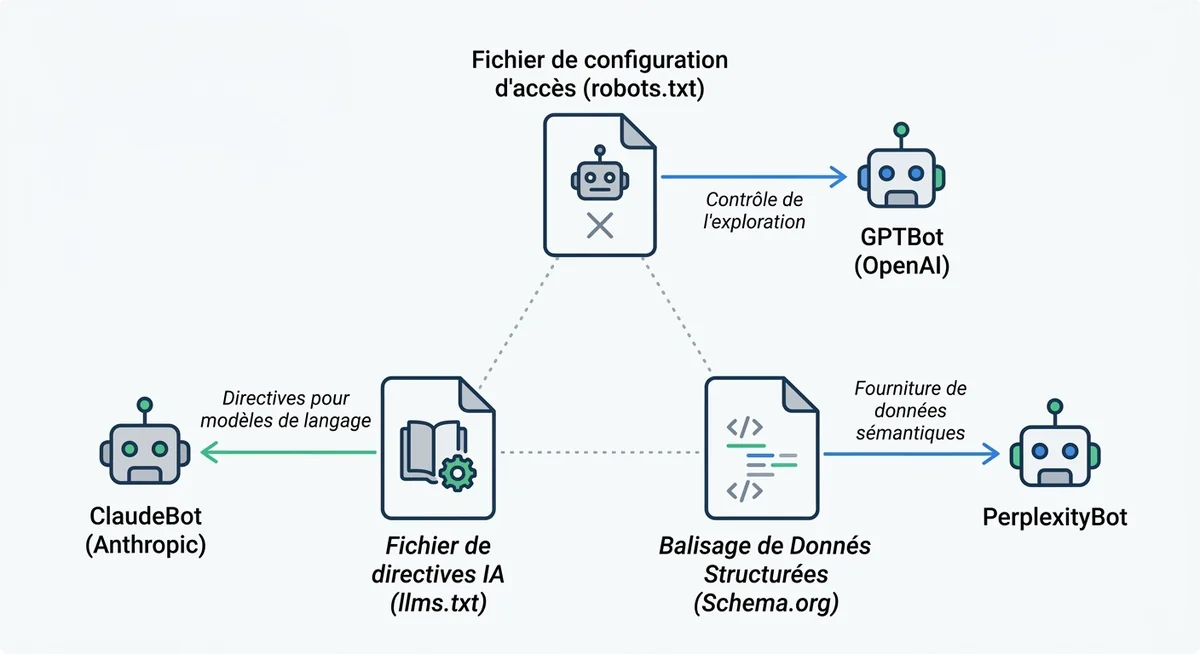 Schéma technique GEO montrant la relation entre robots.txt llms.txt et schema.org JSON-LD pour les bots IA