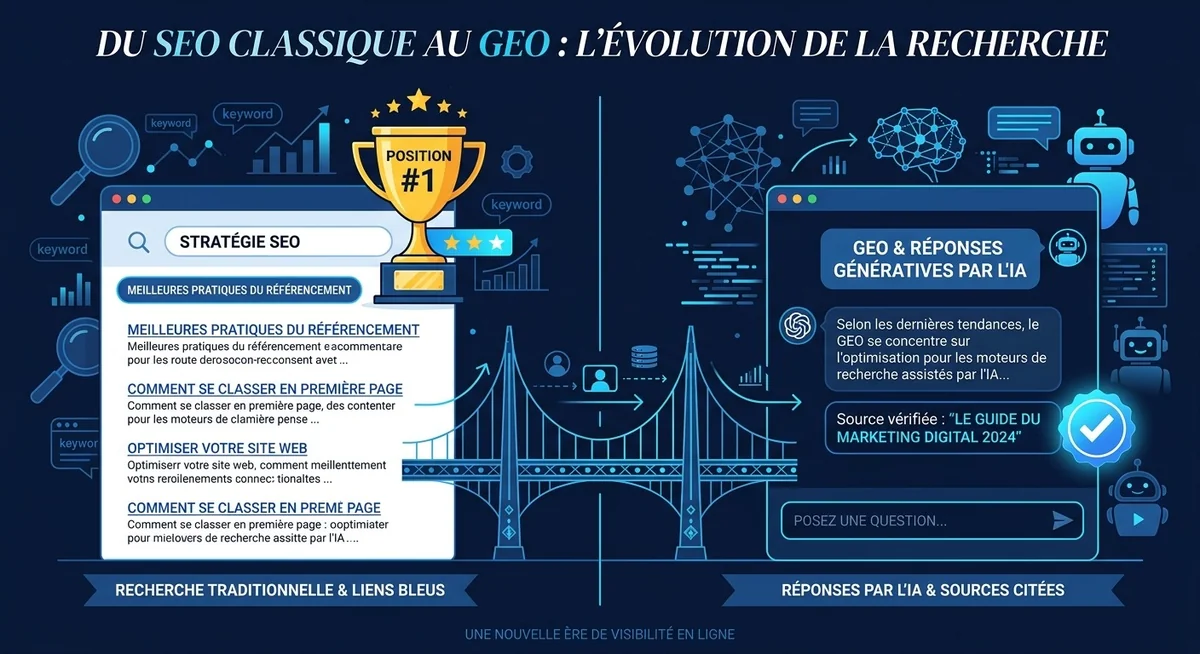 GEO vs SEO en 2026 — Generative Engine Optimization et visibilité IA Illustration comparant le SEO classique et le GEO — Generative Engine Optimization — pour être cité dans les réponses IA en 2026