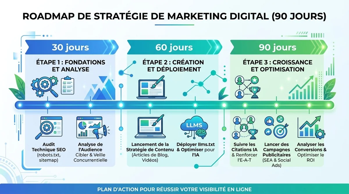 Frise chronologique roadmap GEO 30 60 90 jours avec étapes d'implémentation du Generative Engine Optimization