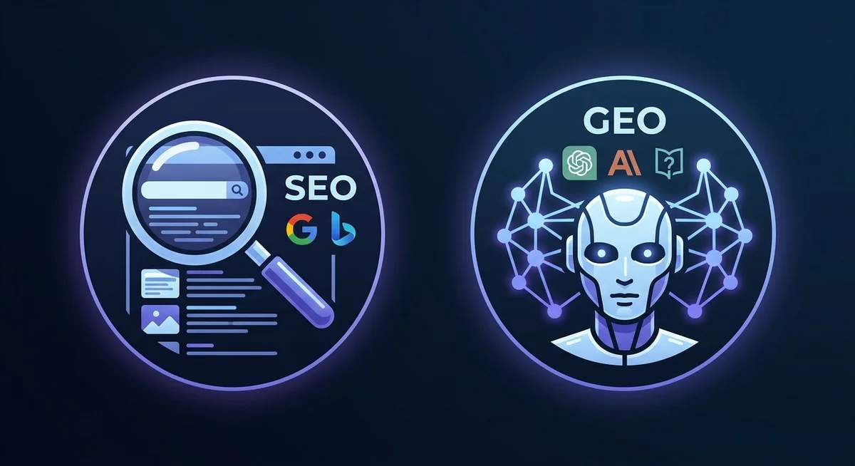 Définition SEO et GEO : Search Engine Optimization vs Generative Engine Optimization Deux icônes représentant le SEO pour Google et le GEO pour les LLM comme ChatGPT et Perplexity