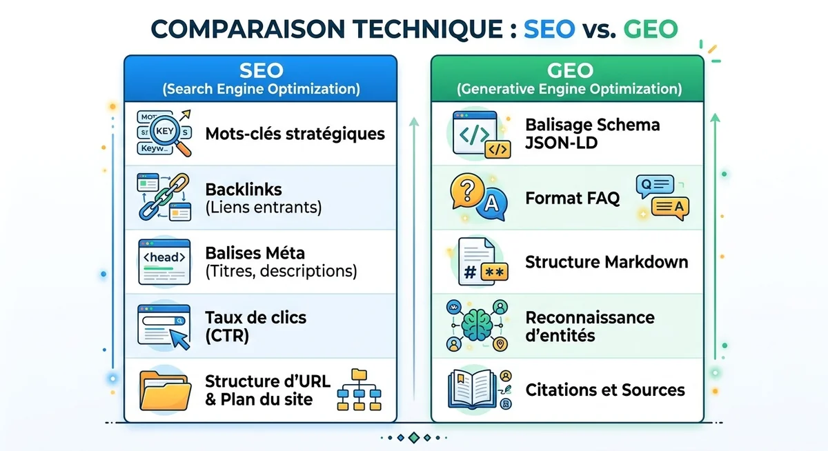 Différences techniques entre SEO et GEO : mots-clés vs schema, backlinks vs citabilité Tableau comparatif des différences techniques entre SEO et GEO en 2026