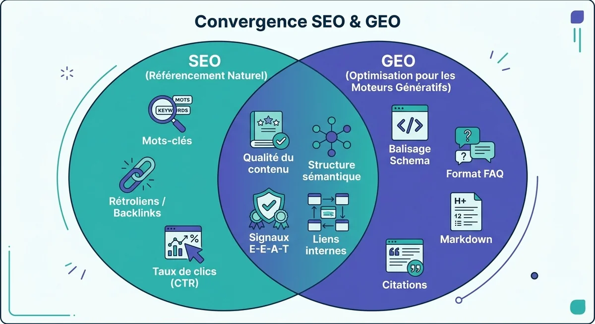 Points communs SEO et GEO : E-E-A-T, qualité de contenu et autorité Diagramme de Venn illustrant les points communs entre SEO et GEO : qualité, structure, autorité E-E-A-T