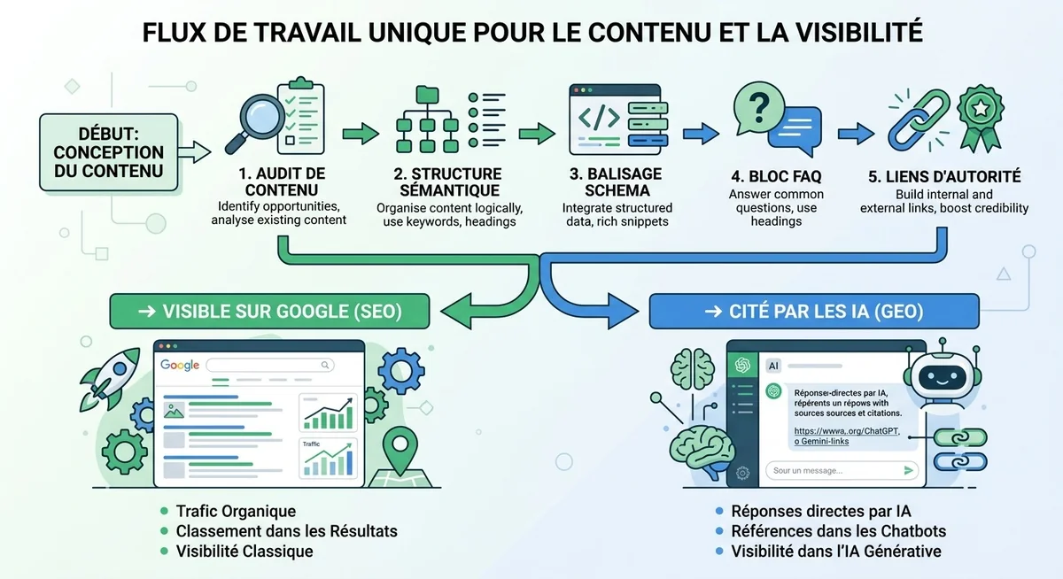 Stratégie SEO et GEO combinée en 2026 : optimiser pour Google et les IA simultanément Workflow unifié montrant comment optimiser un article pour le SEO et le GEO en même temps