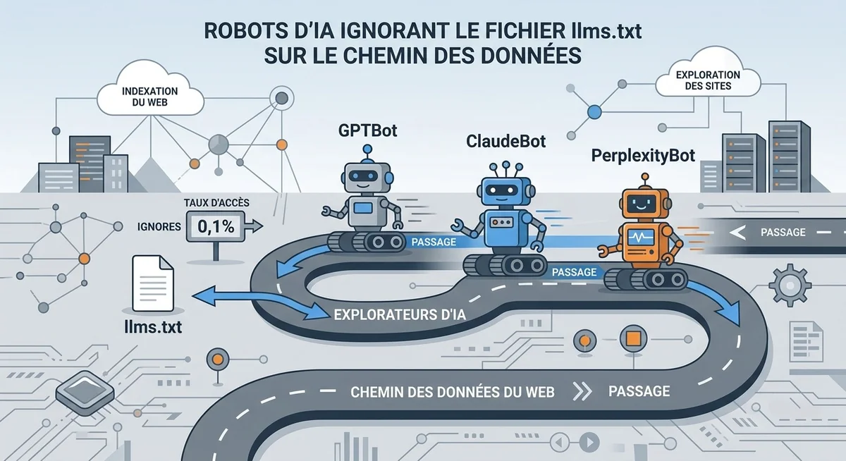 Adoption llms.txt par les bots IA GPTBot ClaudeBot PerplexityBot en 2026 Schéma montrant le faible taux de lecture du fichier llms.txt par les bots GPTBot ClaudeBot et PerplexityBot