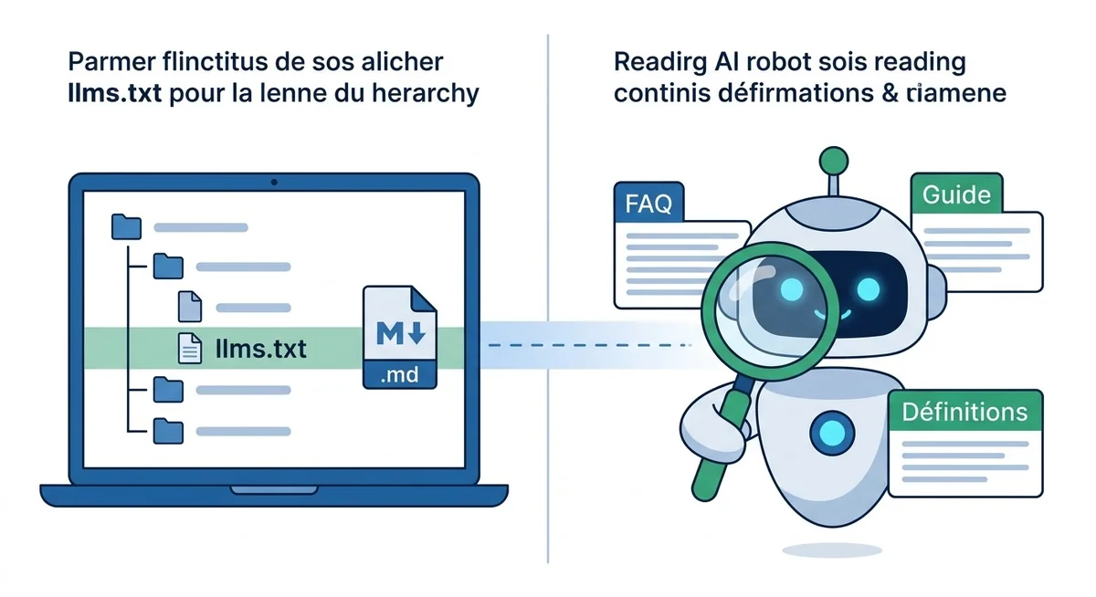 Fichier llms.txt et markdown pour l'indexation par les bots IA Illustration du fichier llms.txt et des fichiers markdown pour optimiser l'accès des bots IA au contenu d'un site web