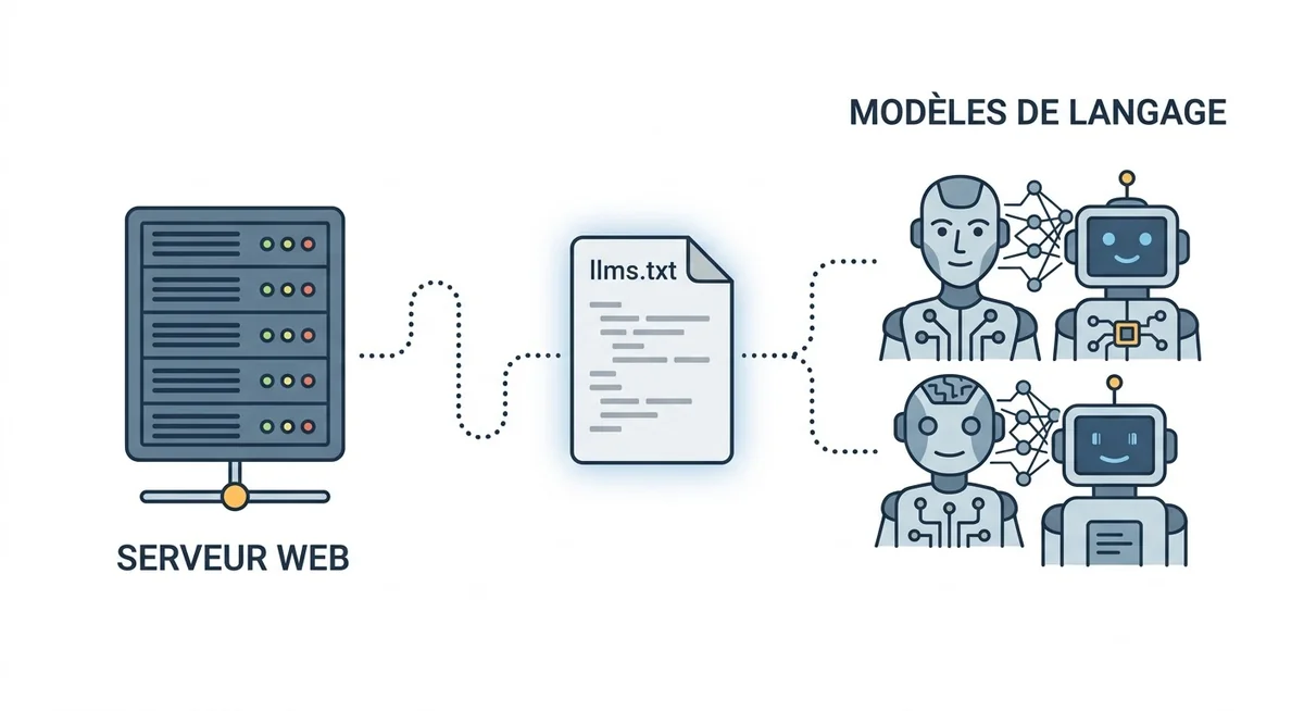 llms.txt standard adoption 2026 — protocole officieux ou convention adoptée Illustration conceptuelle du fichier llms.txt entre robots.txt et les modèles de langage en 2026
