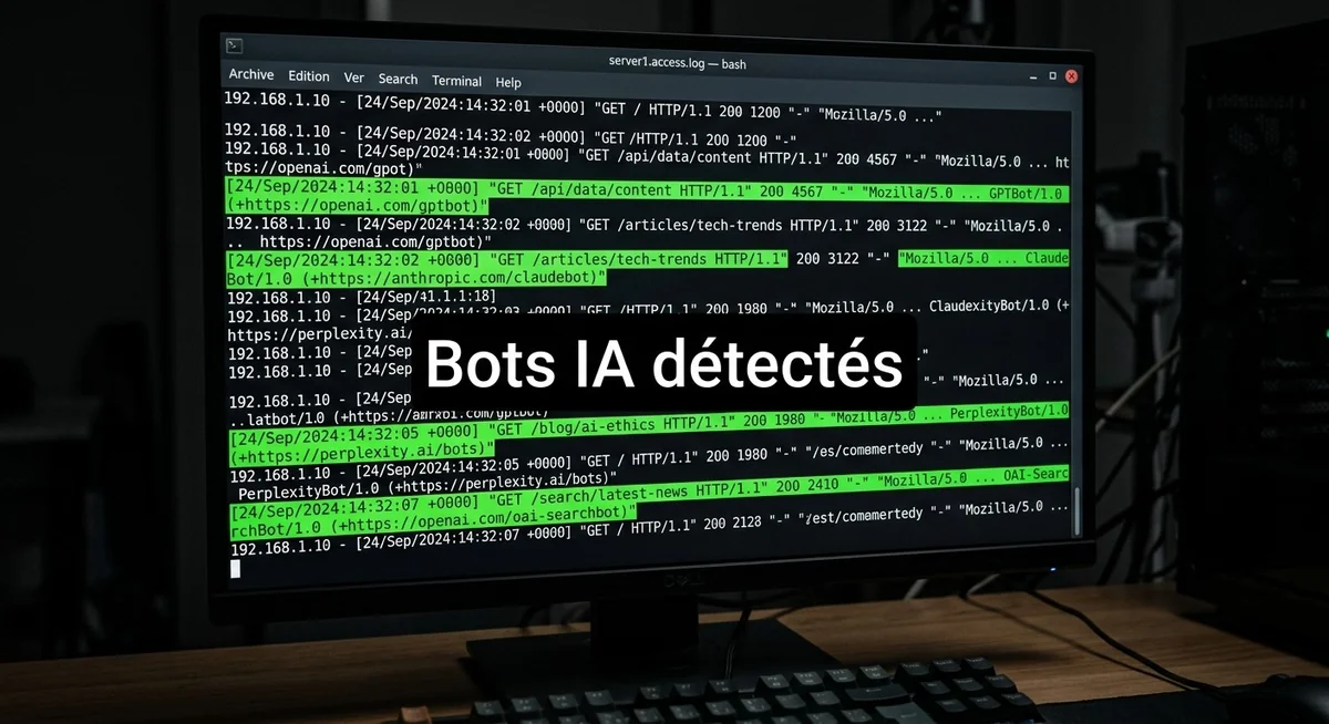 Analyser les logs serveur pour identifier GPTBot ClaudeBot PerplexityBot Terminal de logs serveur affichant les user agents GPTBot ClaudeBot PerplexityBot OAI-SearchBot