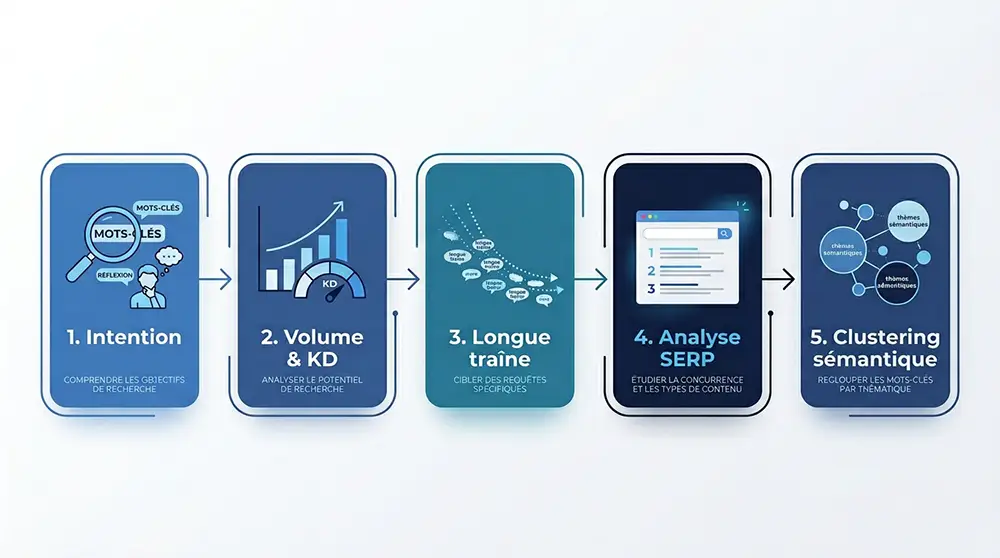 Diagramme en cinq étapes illustrant la méthode de recherche de mots‑clés SEO : intention, volume, longue traîne, SERP, clustering