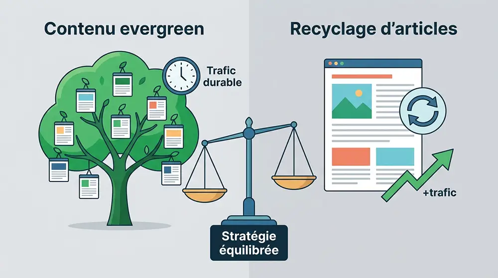 Illustration des méthodes de création de contenu SEO pour WordPress : articles evergreen, recyclage et mise à jour d'anciens contenus