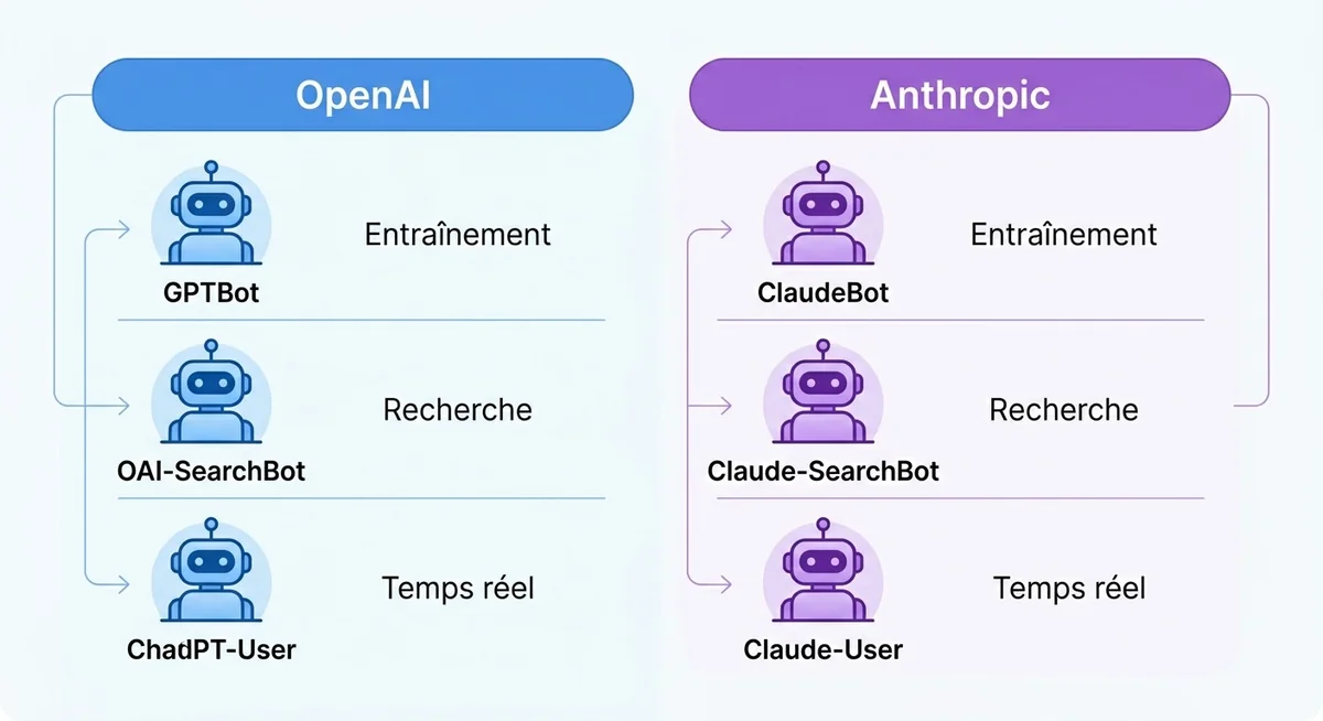Schéma comparatif des bots IA OpenAI et Anthropic entraînement vs recherche