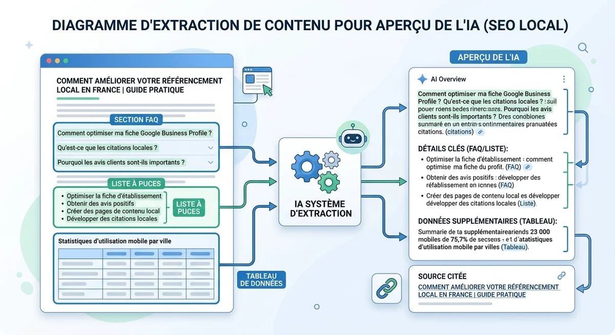 Tactiques SEO pour apparaître dans les Google AI Overviews en 2026 Schéma des tactiques d'optimisation contenu pour être cité dans les AI Overviews : schema FAQ, structure Q&A, listes, tableaux