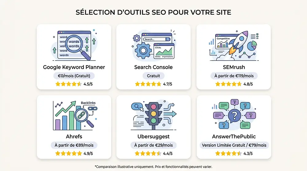 Tableau comparatif des outils SEO de recherche de mots‑clés : SEMrush, Ahrefs, Ubersuggest, Google Keyword Planner, AnswerThePublic