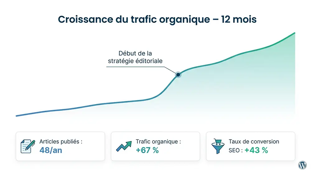 Graphique illustrant la croissance du trafic organique d'un blog WordPress grâce à une publication régulière de contenus SEO