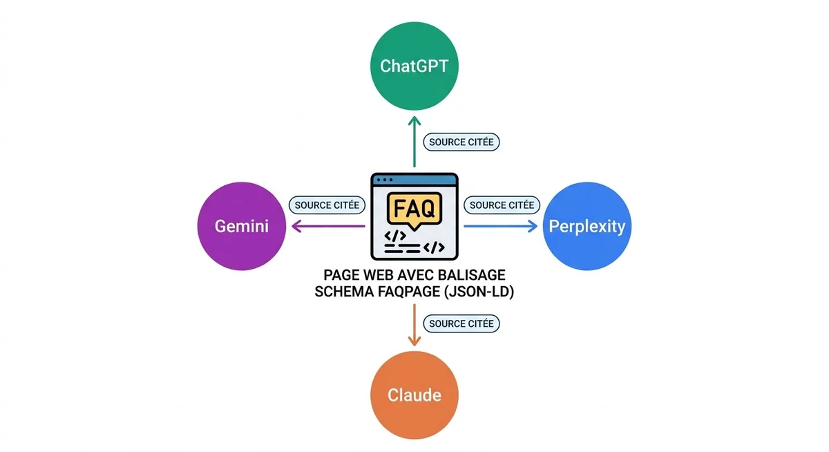 Schema FAQPage utilisé par les LLM pour leurs citations en 2026 Schéma illustrant l'utilisation du schema FAQPage par ChatGPT, Perplexity, Claude et Gemini pour citer des sources
