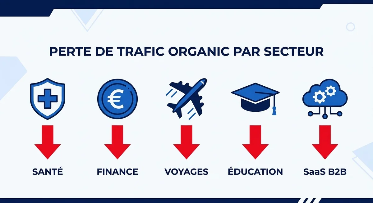Secteurs les plus exposés aux Google AI Overviews en 2026 Illustration des niches les plus impactées par les AI Overviews : santé, finance, voyages, éducation, SaaS B2B