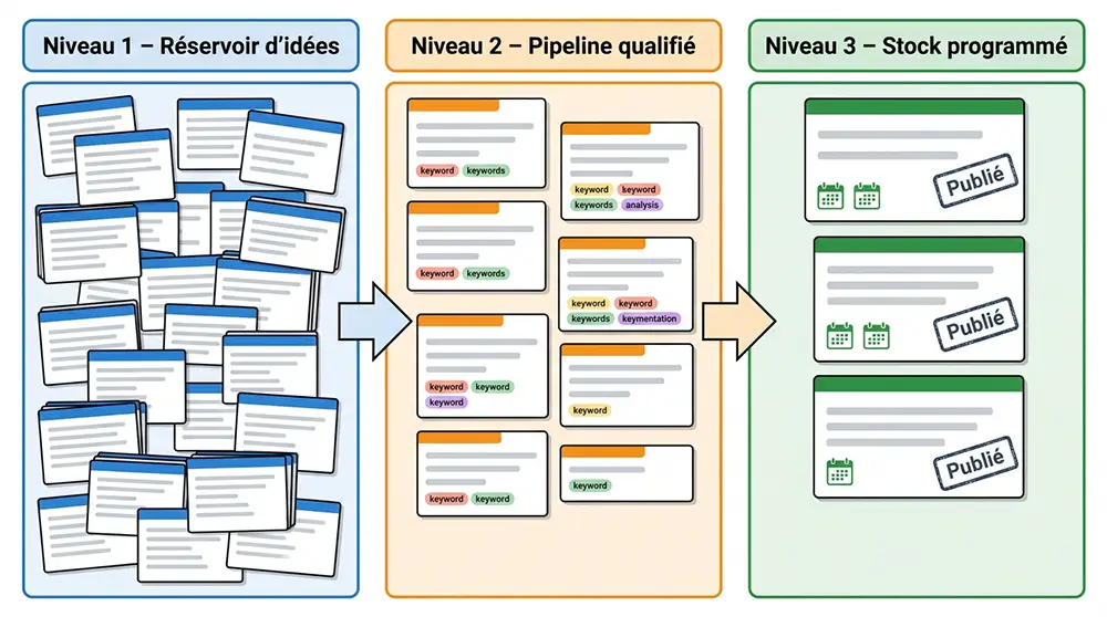 Tableau comparatif des 3 niveaux du tableau de bord éditorial pour alimenter son blog WordPress régulièrement