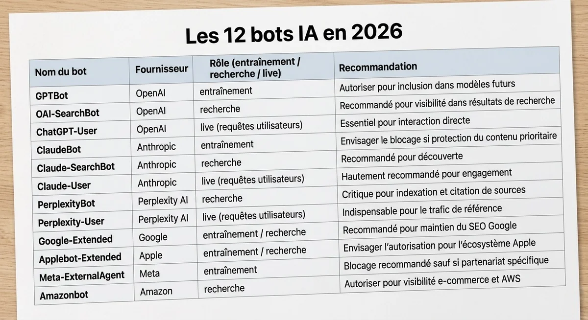 Tableau des 12 bots IA avec leur rôle et recommandation d'autorisation robots.txt