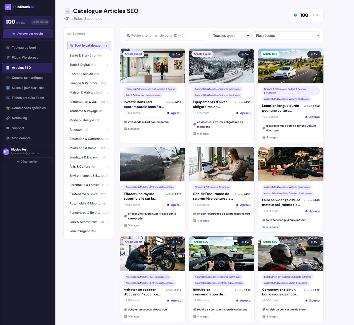 Catalogue PubliRank avec scores SEO et GEO par article