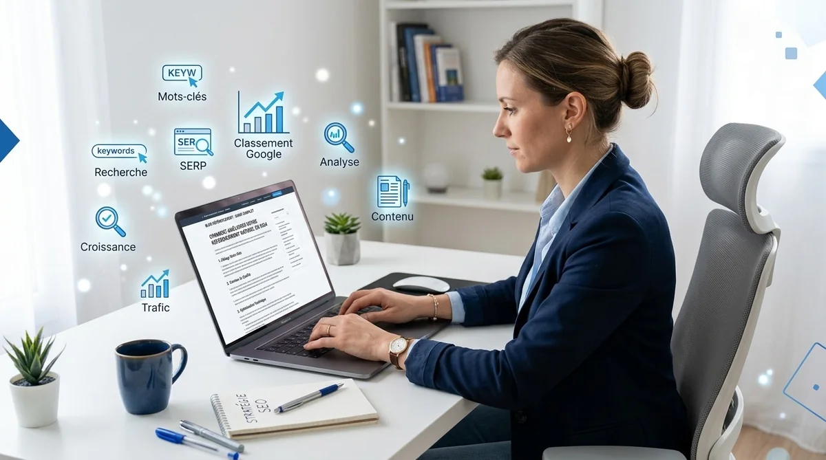 Rédacteur SEO professionnel rédigeant un article optimisé clé en main sur ordinateur