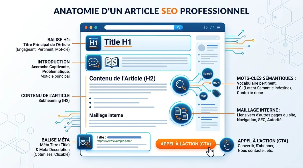 Schéma des éléments d'un article SEO professionnel : structure, mots-clés, maillage interne