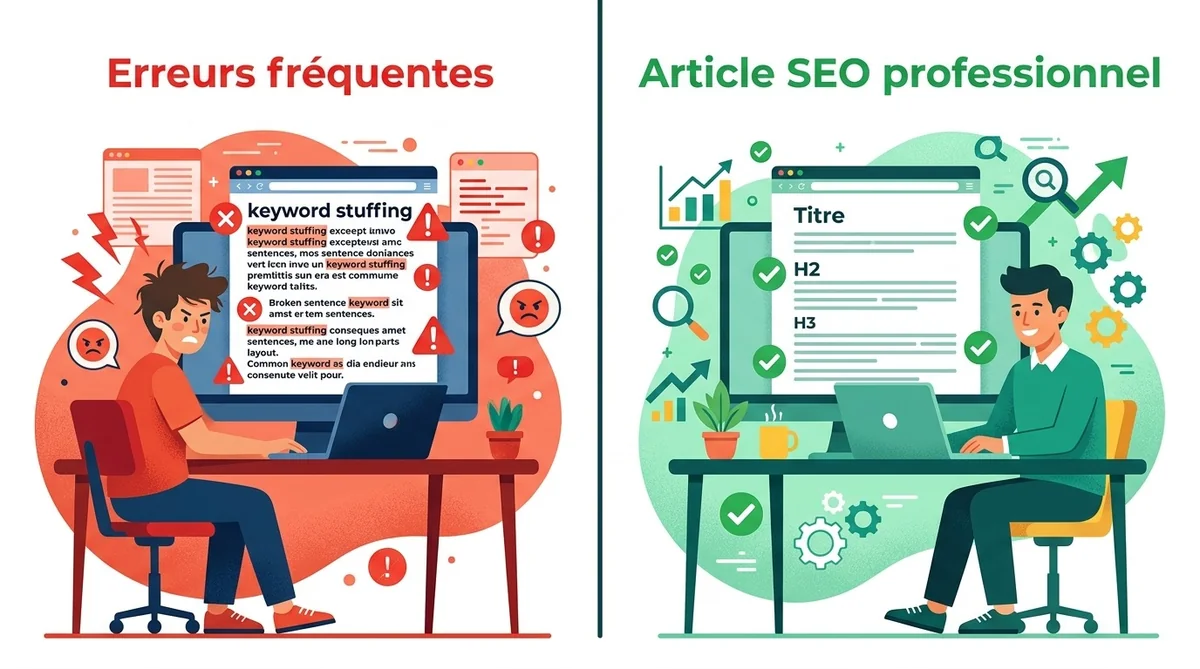 Illustration des erreurs de rédaction SEO faites en interne : bourrage de mots-clés, contenu mince, mauvaise structure