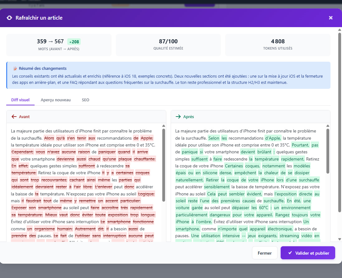 Plugin PubliRank : Refresher avec diff visuel avant/après