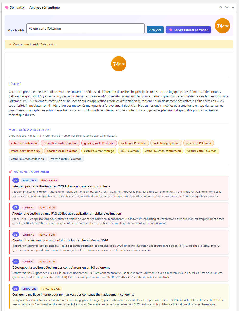 Module SemantiX : score sémantique et mots-clés manquants dans Gutenberg